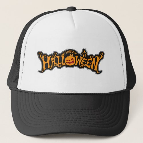 Happy Halloween Ruby Eye Pumpkin Silver Frame Trucker Hat