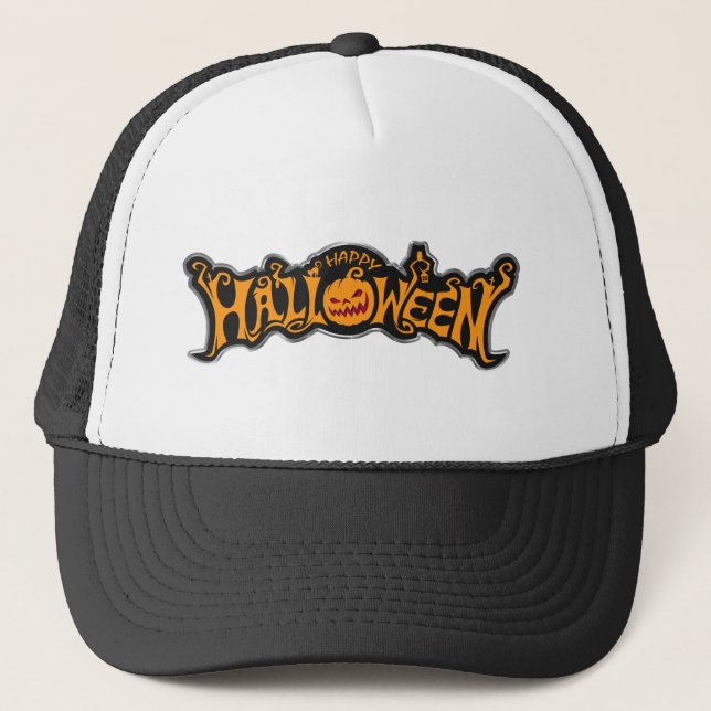 Happy Halloween Ruby Eye Pumpkin Silver Frame Trucker Hat (Front)