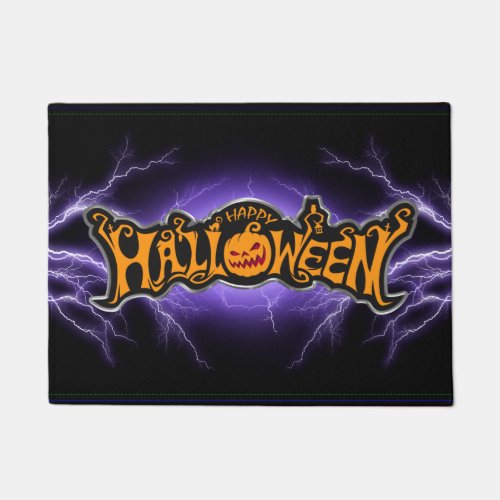 Happy Halloween Ruby Eyed Pumpkin Purple Lightning Doormat