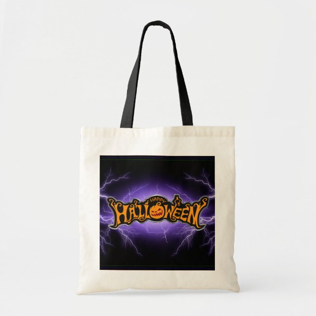 Happy Halloween Ruby Eyed Pumpkin Purple Lightning Tote Bag (Front)