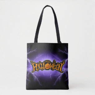 Happy Halloween Ruby Eyed Pumpkin Purple Lightning Tote Bag