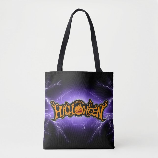 Happy Halloween Ruby Eyed Pumpkin Purple Lightning Tote Bag (Front)