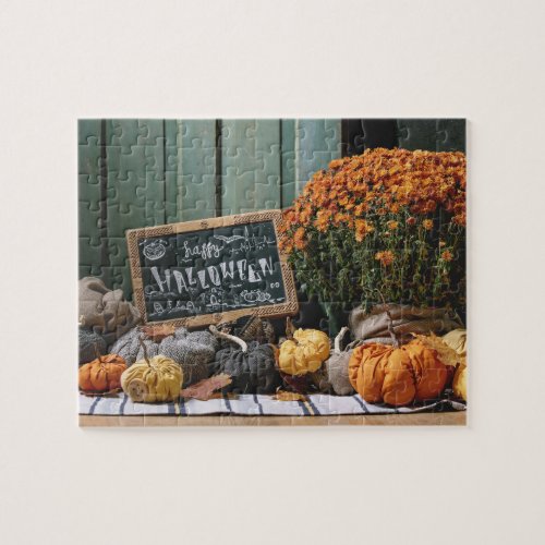 Happy Halloween Rustic Floral Pumpkin Jigsaw Puzzle