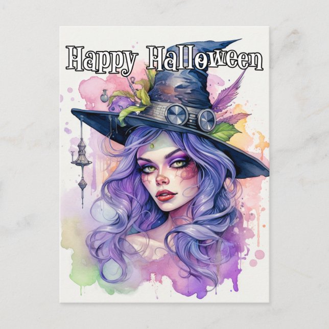 Happy Halloween Salem Witch Illustration Postcard (Front)