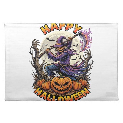 Happy Halloween Scarecrow Reaper Flaming Scythe Fu Cloth Placemat