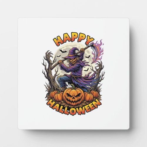 Happy Halloween Scarecrow Reaper Flaming Scythe Fu Plaque