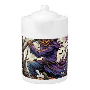 Happy Halloween Scarecrow Reaper Flaming Scythe Fu Teapot