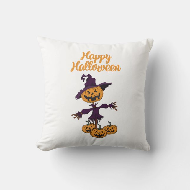 Happy Halloween Scarecrow Throw Pillow (Front)