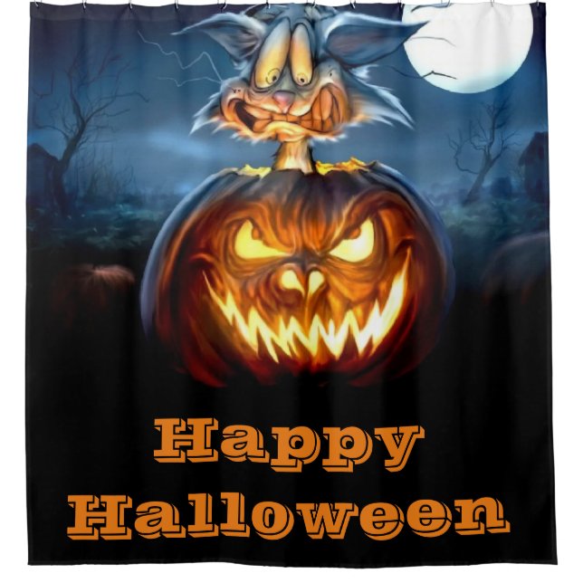Happy Halloween Scaredy Cat Shower Curtain (Front)