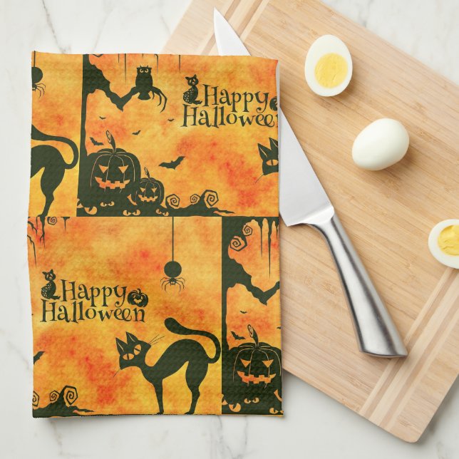 Happy Halloween Scary Black Cat Pumpkin Kitchen Towel (Quarter Fold)