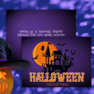 Happy Halloween Scary Castle Bats and Moon Card