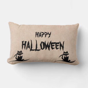 Happy Halloween Scary Cat Burlap Throw Lumbar Pillow