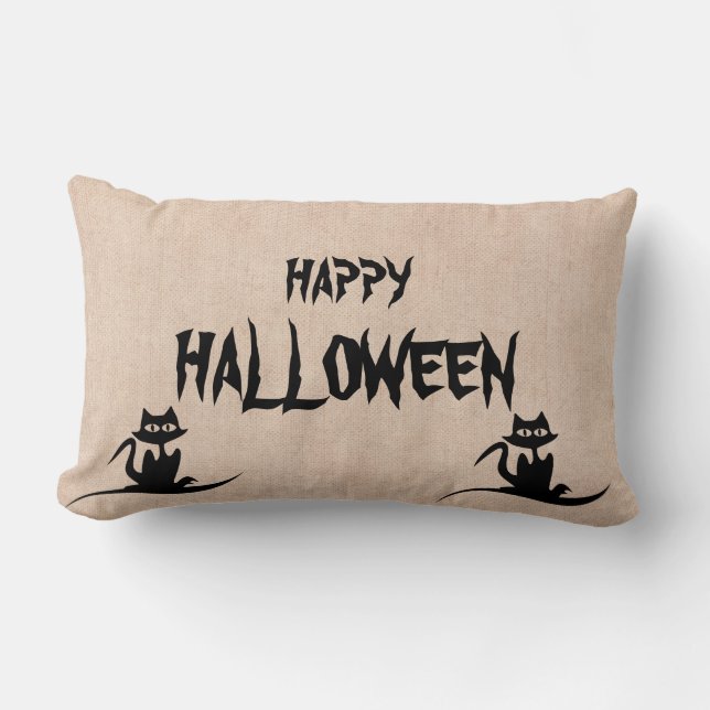 Happy Halloween Scary Cat Burlap Throw Lumbar Pillow (Front)