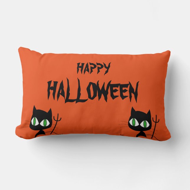 Happy Halloween Scary Cat Orange Throw Lumbar Pillow (Front)