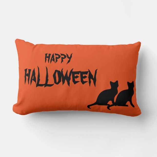 Happy Halloween Scary Cat Orange Throw Lumbar Pillow (Front)