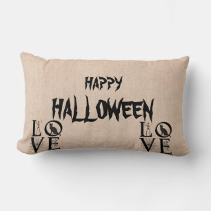 Happy Halloween Scary Cat Skull Burlap Throw Lumbar Pillow