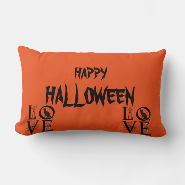 Happy Halloween Scary Cat Skull Orange Throw Lumbar Pillow (Front)