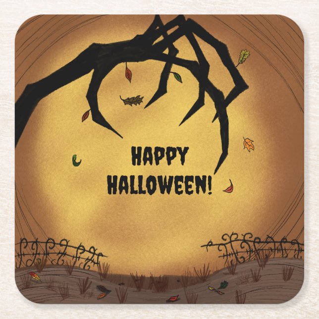 Happy Halloween Scary Hand Square Paper Coaster (Front)