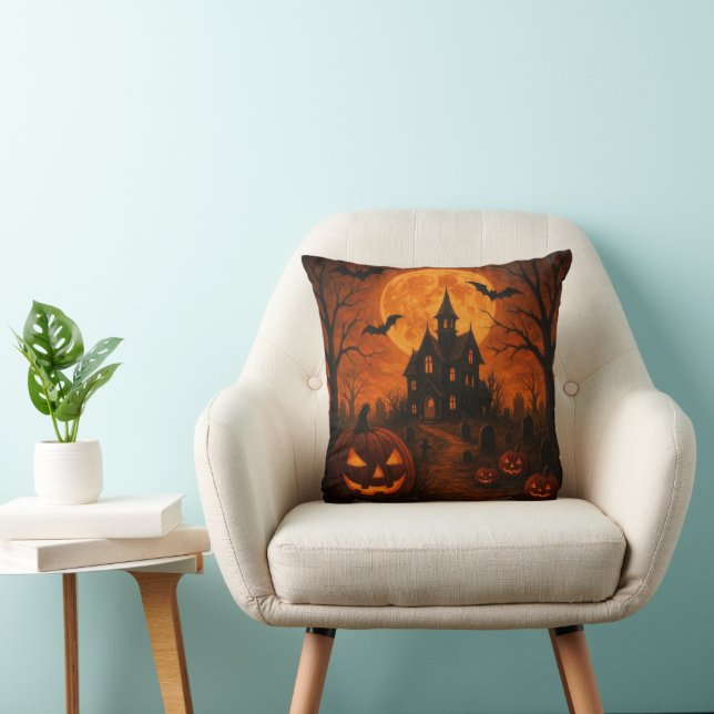 Happy Halloween Scary night with pumpkin bat witch Throw Pillow (Chair)