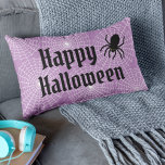 Happy Halloween Scary Purple with Black Spider Lumbar Pillow<br><div class="desc">This scary cute Halloween lumbar throw pillow features Happy Halloween in decorative letters with a black spider and a pattern of white spider webs with purple background color (can be customized). Perfect for you fall decor.</div>