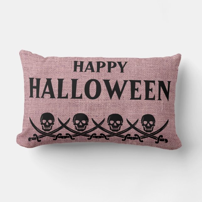 Happy Halloween Scary Skull Burlap Throw Lumbar Pillow (Front)