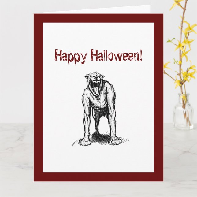 Happy Halloween Scary Spooky Demon Hell Dog Card (Yellow Flower)
