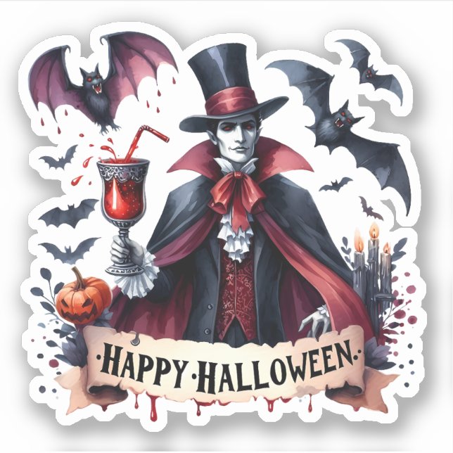 Happy Halloween - Scary Vampire and Bats Sticker (Front)