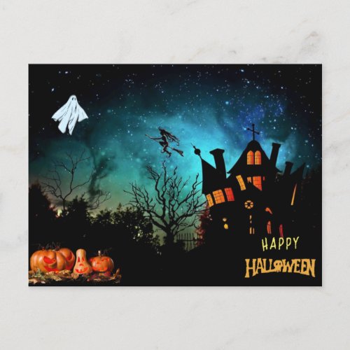 Happy Halloween Scary Witch Ghost and Pumpkins  Postcard