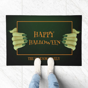 Happy Halloween   Scary Witch Hand Family Name Doormat