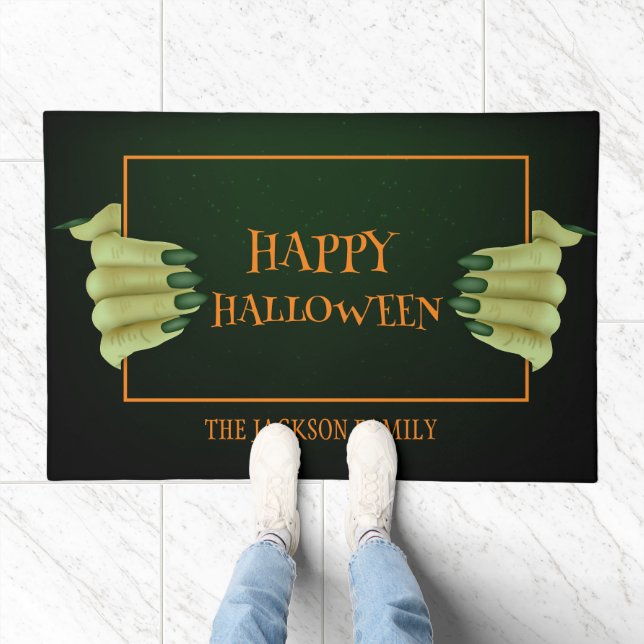 Happy Halloween | Scary Witch Hand Family Name Doormat (Indoor)