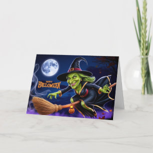 Happy Halloween Scary Witch on Broom Holiday Card