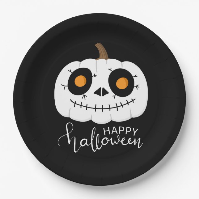 Happy Halloween Script Cute Pumpkin Paper Plates (Front)