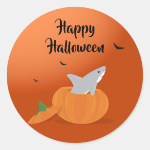 Happy Halloween Shark Pumpkin Bats Orange Classic Round Sticker