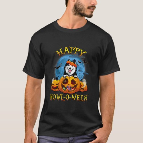Happy Halloween Siberian Husky With Moon Pumpkin T_Shirt