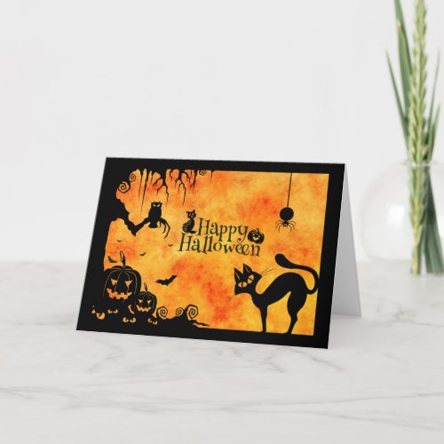 Happy Halloween Silhouette Black Cat and Friends Card