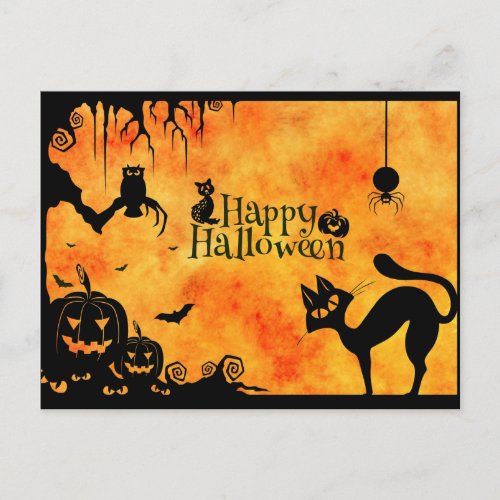Happy Halloween Silhouette Black Cat and Friends Postcard