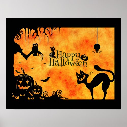 Happy Halloween Silhouette Black Cat and Friends Poster