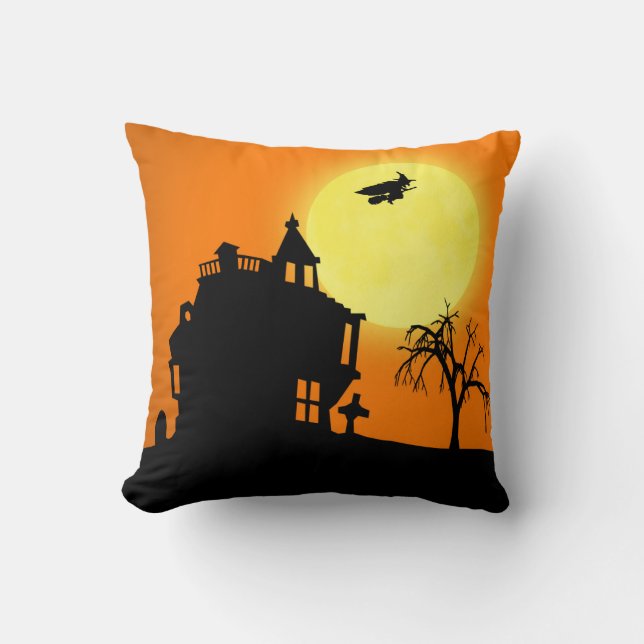 Happy Halloween Silhouette Landscape Throw Pillow (Front)