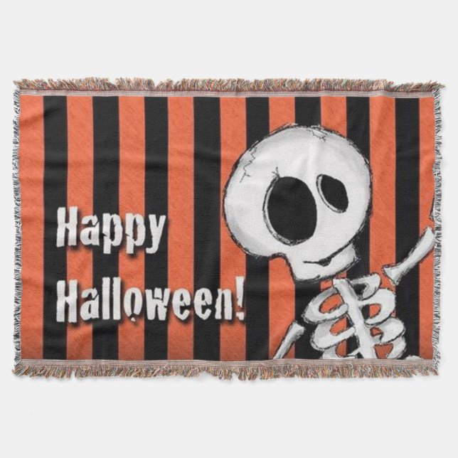 Happy Halloween Silly Skeleton Throw Blanket (Front)