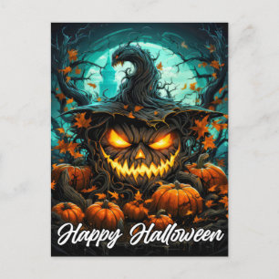 Happy Halloween Sinister Illuminating Mad Pumpkin Postcard