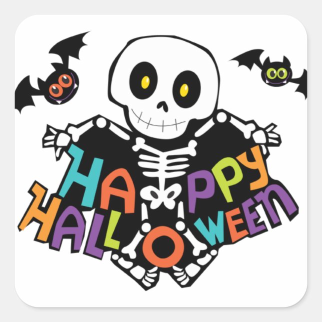 Happy Halloween (Skeleton and Bats) Square Sticker (Front)