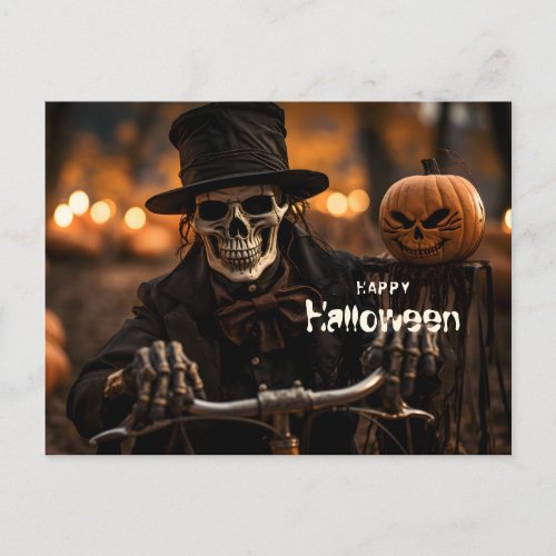 Happy Halloween Skeleton and pumpkin Postcard