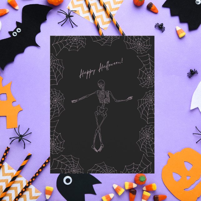 Happy Halloween Skeleton and Spider Webs Holiday Card (Creator Uploaded)