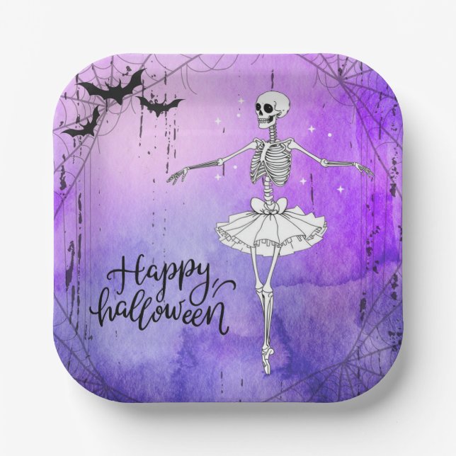 Happy Halloween Skeleton Ballerina Purple Paper Plates (Front)