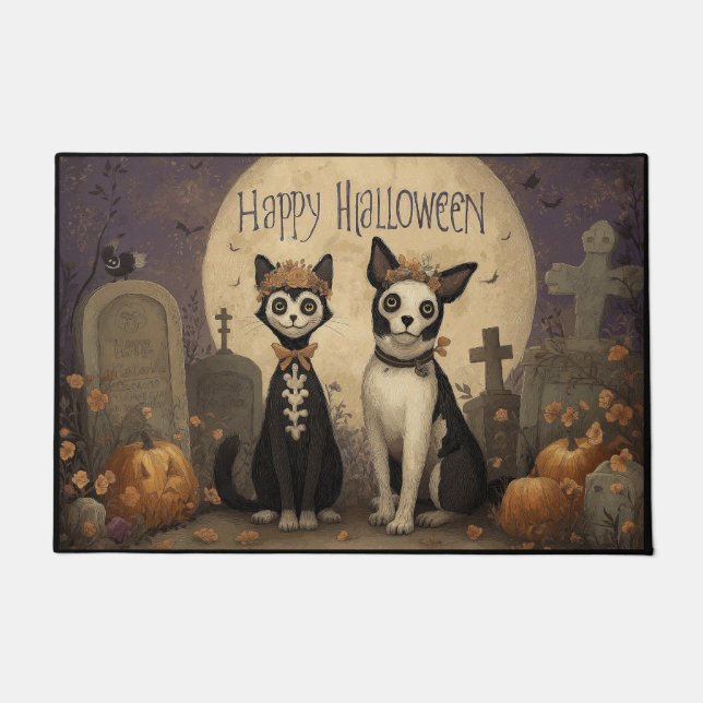 Happy Halloween Skeleton Cat and Dog in Graveyard Doormat (Front)