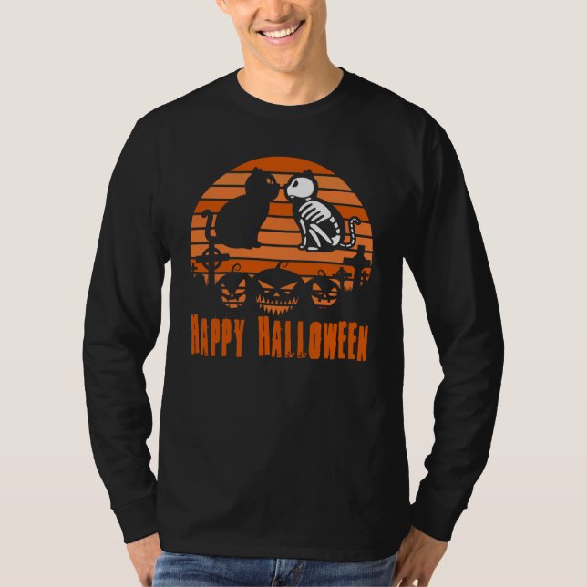 Happy Halloween Skeleton Cat Retro Sunset T-Shirt (Front)