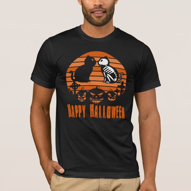 Happy Halloween Skeleton Cat Retro Sunset T-Shirt (Front)