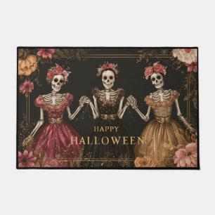 Happy Halloween Skeleton Dancers with Flowers Doormat