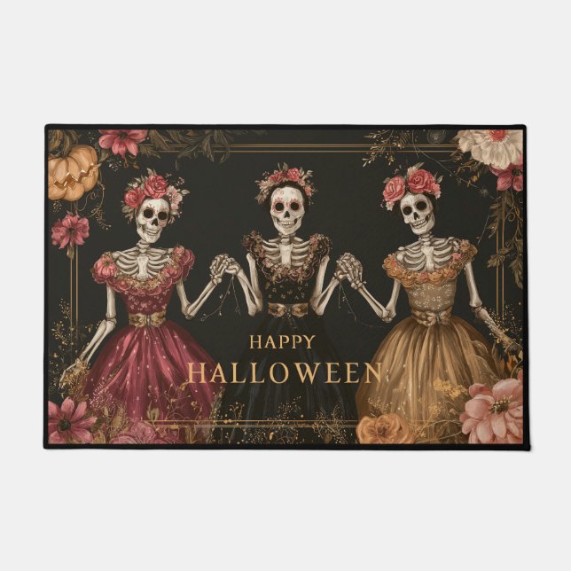 Happy Halloween Skeleton Dancers with Flowers Doormat (Front)