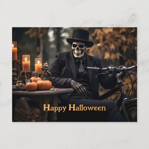 Happy Halloween Skeleton in a vintage tuxedo Postcard